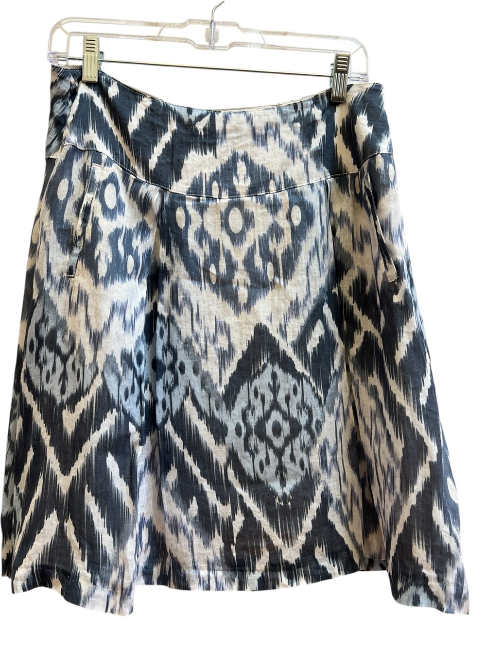 Peruvian Connection Ikat Print Ramie A-Line Skirt Size 6 Blue Beige Artisan Boho - Picture 2 of 5